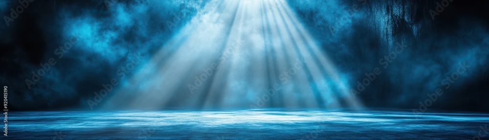 Obraz premium A stunning blue beam of light illuminating a dark space, creating an atmospheric and captivating scene for creative projects.