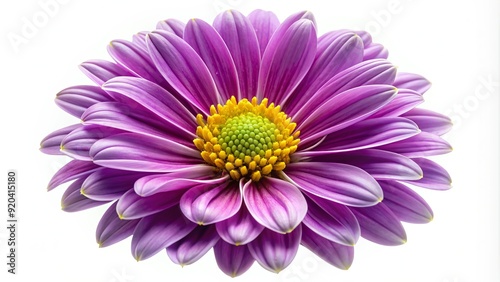 Vibrant, delicate purple flower with intricate petals and yellow center, isolated on a soft white background, showcasing its natural beauty and intricate details.