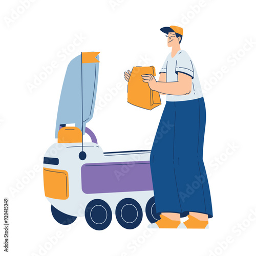 Man Use Robot Online Delivery Service Vector Illustration