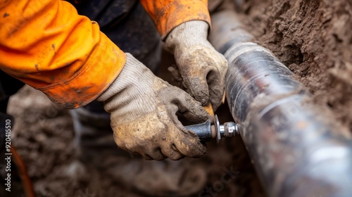 Skilled Plumber Repairing Sewer Pipe in Gritty Environment with Tools and Pipe Sections