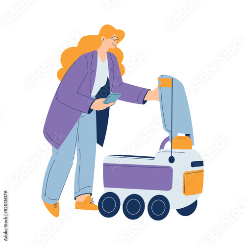 Woman Use Robot Online Delivery Service Vector Illustration