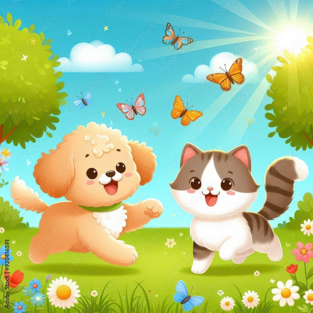 Naklejka premium 犬と猫が仲良く遊んでいるイラスト