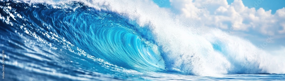 A stunning ocean wave crashing with vibrant blue hues under a clear sky, capturing the essence of nature's power and beauty. A stunning ocean wave crashing with vibrant blue hues under a clear sky, capturing the essence of nature's power and beauty.