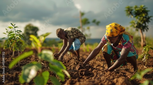 Two Black African woman farmers planting trees to combat climate change and global warming in Africa. photo