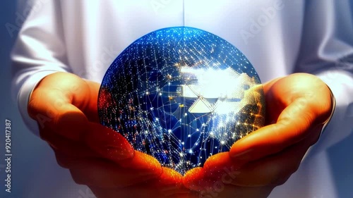 Hands Holding Digital Globe with Network Connections Symbolizing Global Technology Innovation and Connectivity Futuristic World Concept Ultra HD Cinematic Video photo
