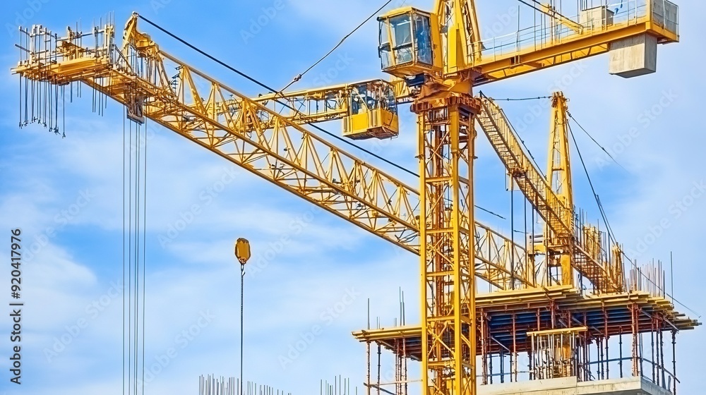 Industrial Construction Crane Against Blue Sky at Building Site