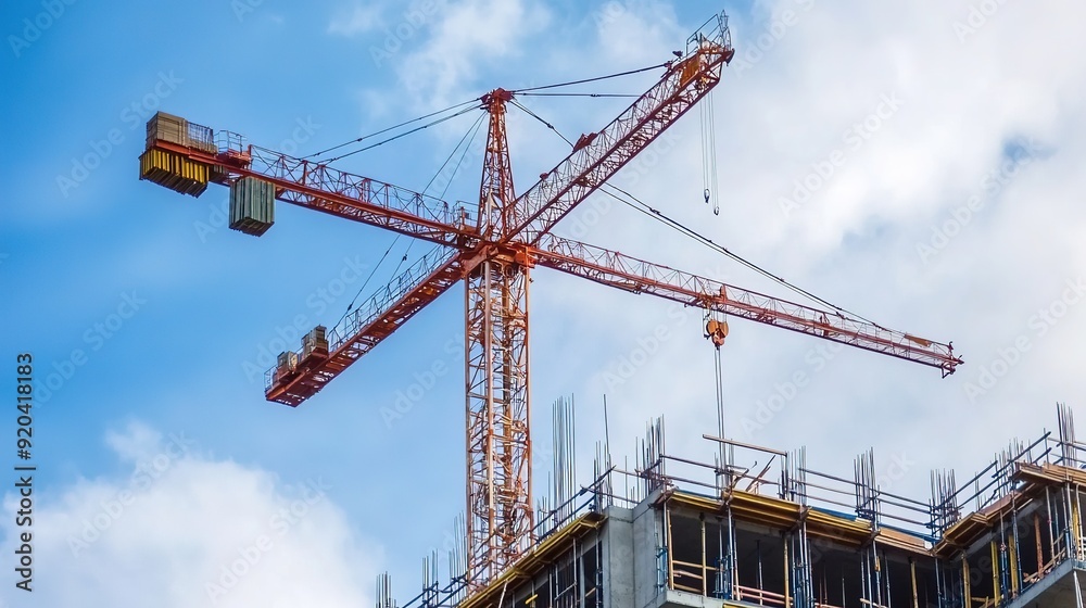 Industrial Construction Crane Against Blue Sky at Building Site Industrial Construction Crane Against Blue Sky at Building Site