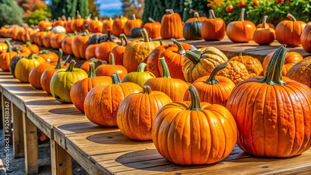 Vibrant orange pumpkins of various shapes and sizes line a wooden table, awaiting judging in a festive autumn harvest festival competition. Vibrant orange pumpkins of various shapes and sizes line a wooden table, awaiting judging in a festive autumn harvest festival competition.