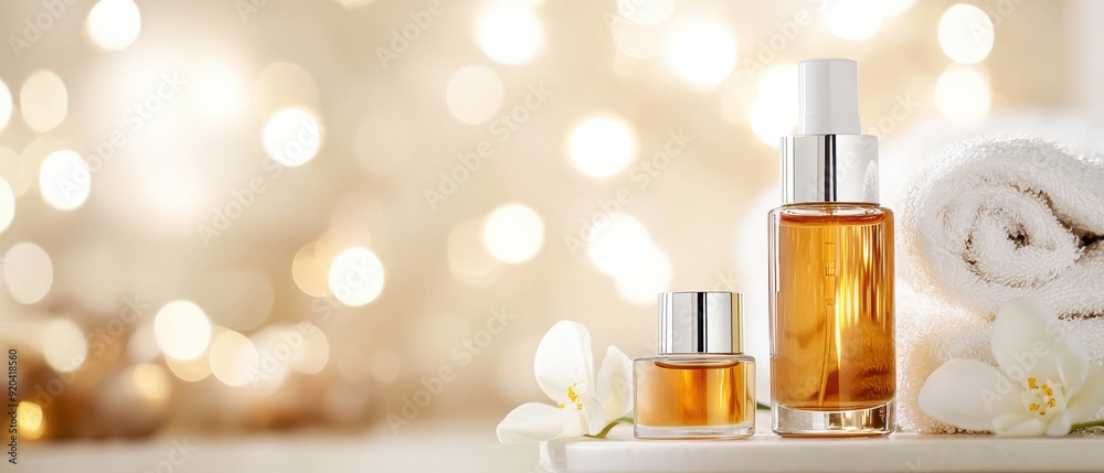 Close-up of skincare and perfume bottles in a serene spa environment, showcasing a luxurious self-care routine Close-up of skincare and perfume bottles in a serene spa environment, showcasing a luxurious self-care routine