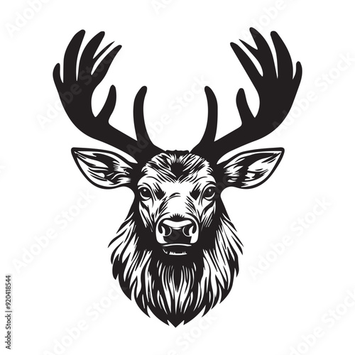 Elk silhouette,  Wapiti Clipart,  Anxious elk head Vector Illustration in black and white