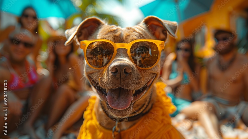 Happy smiling dog taking self portrait on the in the party. Portrait of a cute bluenose imitating a selfie shot by the pool in the summer Happy smiling dog taking self portrait on the in the party. Portrait of a cute bluenose imitating a selfie shot by the pool in the summer