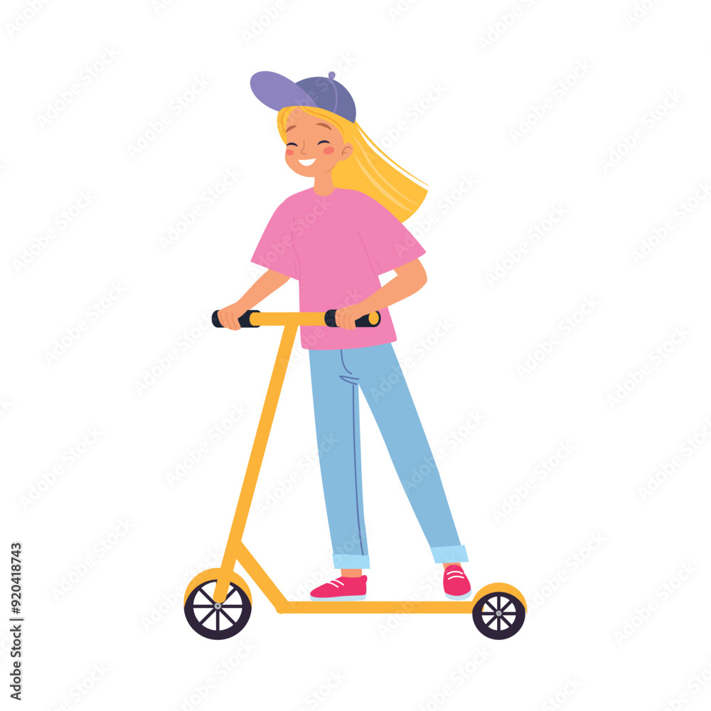Electric Transport with Woman Character Ride Scooter Vector Illustration Electric Transport with Woman Character Ride Scooter Vector Illustration