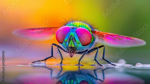 A colorful fly with a pink face and green eyes is standing on a surface. The fly's reflection is visible in the water photo