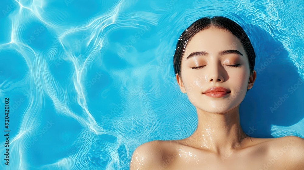 Aerial shot of woman with closed eyes in pool, embracing the summer vibes Relaxation, serene moment Aerial shot of woman with closed eyes in pool, embracing the summer vibes Relaxation, serene moment