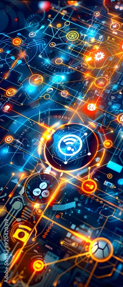 Abstract Technology Background with Glowing Lines and Icons. Abstract Technology Background with Glowing Lines and Icons.