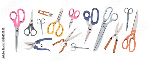 Scissors tool set. Shears with sharp blade for cutting, accessory for paper craft, tailoring, DIY, hairdresser. Professional metal equipment. Flat vector illustration isolated on white background