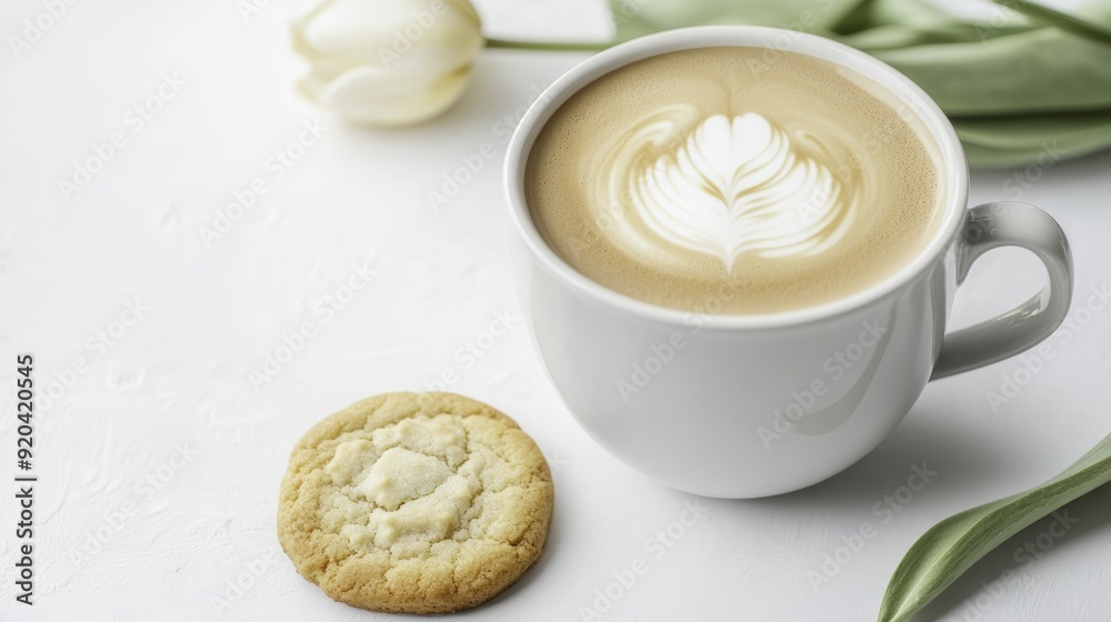 Coffee, Cookie, Tulip, Minimalist White Background Coffee, Cookie, Tulip, Minimalist White Background