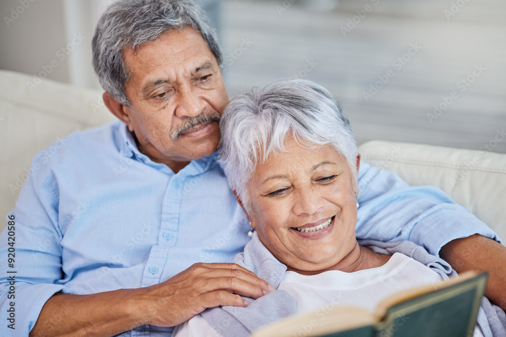Senior couple, relax and reading book for story, information and bonding together. Happy, man and woman on sofa with bible for knowledge, holy gospel or studying religion for faith in retirement home Senior couple, relax and reading book for story, information and bonding together. Happy, man and woman on sofa with bible for knowledge, holy gospel or studying religion for faith in retirement home