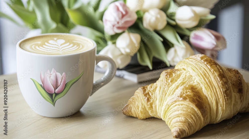 Coffee, Croissant, and Tulips - Perfect Morning Breakfast Coffee, Croissant, and Tulips - Perfect Morning Breakfast