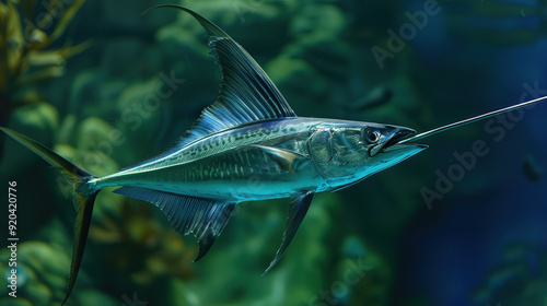 Swordfish swimming in water captured in a high-quality photograph, showcasing its dynamic movement and natural habitat from an angled perspective. 

 photo