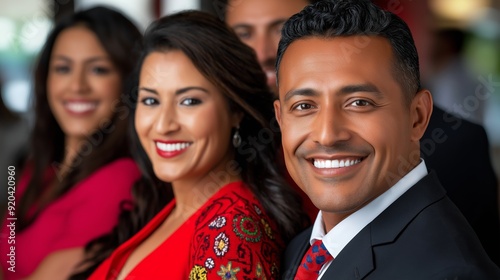 A group of people smiling for the camera. The man is wearing a suit and tie. The woman is wearing a red dress