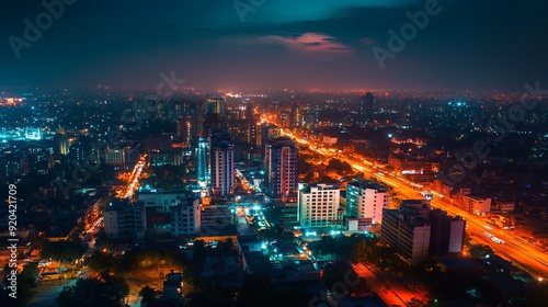 An aerial view of Gurugram downtown at night, highlighting the illuminated buildings and vibrant cityscape in the Haryana district of India.