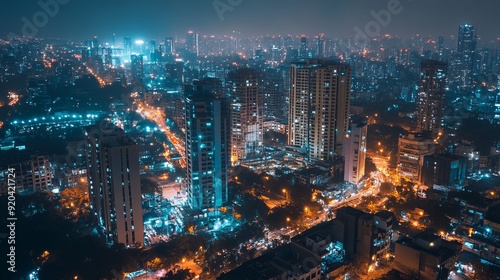 An aerial view of Gurugram downtown at night, highlighting the illuminated buildings and vibrant cityscape in the Haryana district of India.