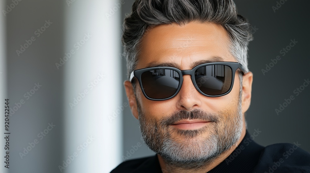 A man with a beard and gray hair is wearing sunglasses. He is smiling and looking at the camera A man with a beard and gray hair is wearing sunglasses. He is smiling and looking at the camera