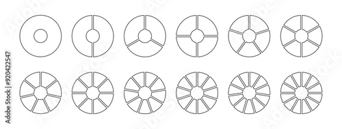 Circle division infographic icon set. Pie chart divided 8,9,10 equal parts. Outline ring donut round diagram. Infographic circular wheel fraction. Vector illustration isolated on white background.