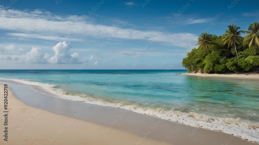 A tranquil ocean scene with turquoise waters lapping against a deserted sandy beach, surrounded by lush greenery, with a clear space on the left side for text. A tranquil ocean scene with turquoise waters lapping against a deserted sandy beach, surrounded by lush greenery, with a clear space on the left side for text.