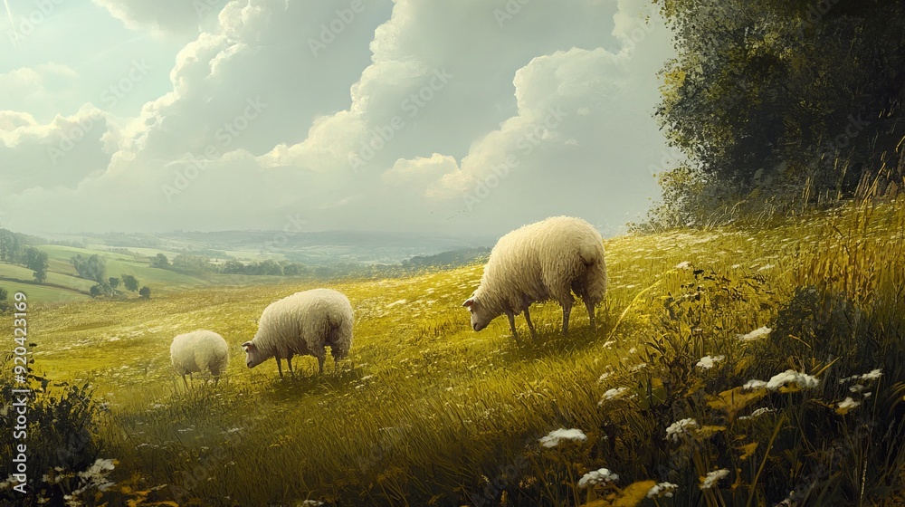 Fototapeta premium Sheep peacefully grazing in a lush green pasture in the countryside.