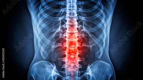 X-ray image of a spine with a compression fracture, showing a vertebra compressed and deformed, illustrating a common injury caused by osteoporosis or trauma.