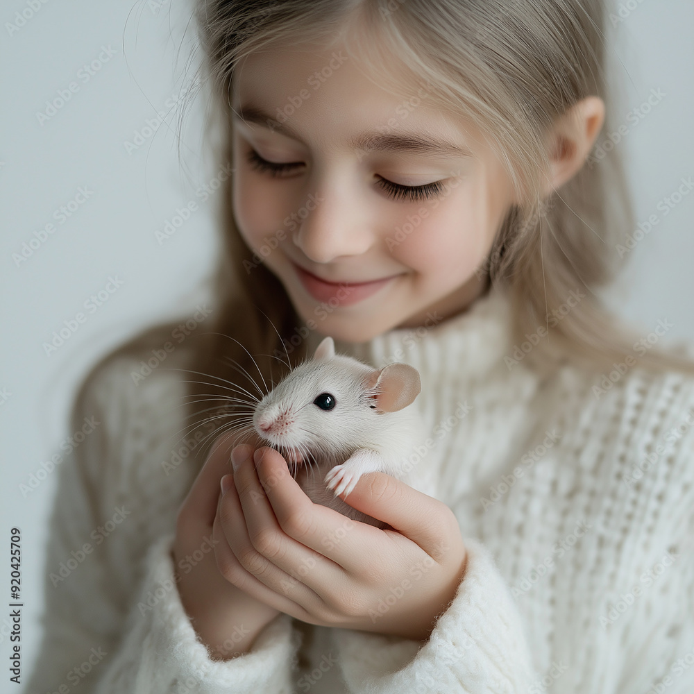 A young girl gently holding a small white mouse, both appearing calm and content, symbolizing care and affection in a minimalistic setting. A young girl gently holding a small white mouse, both appearing calm and content, symbolizing care and affection in a minimalistic setting.