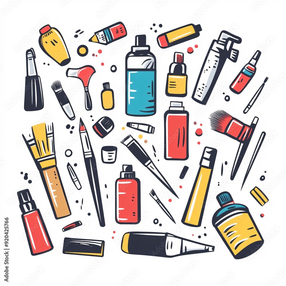 240805 104. A simple vector icon illustration depicting the group of artistic mediums at center for a website isolated white background with spray paint cans printmaking tools lino cutting set ink 240805 104. A simple vector icon illustration depicting the group of artistic mediums at center for a website isolated white background with spray paint cans printmaking tools lino cutting set ink