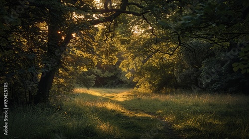 Sunlit forest path in autumn Golden light filtering through trees Fallen leaves on ground Tranquil woodland scene Warm earthy tones Nature walk