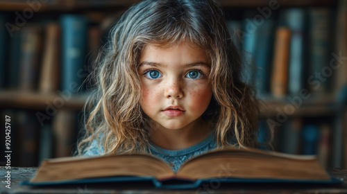 Wide-eyed young girl with long, wavy hair and freckles reading a book in a dimly lit library, capturing a moment of curiosity and wonder.