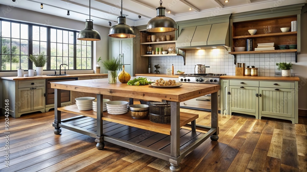 Rustic wooden kitchen island with butcher block top, metal legs, and plenty of storage cabinets stands centrally in a cozy, well-lit kitchen space. Rustic wooden kitchen island with butcher block top, metal legs, and plenty of storage cabinets stands centrally in a cozy, well-lit kitchen space.