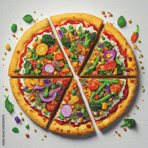 Illustration of a pizza with a different face on a white background