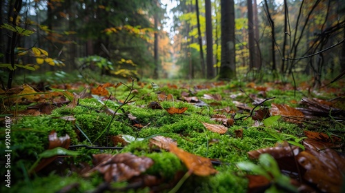 Forest floor covered in autumn leaves Lush green ferns and moss Woodland undergrowth Peaceful nature scene Fallen foliage on ground