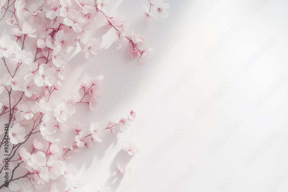 Fototapeta premium Delicate cherry blossoms on a white background, creating a soft and romantic atmosphere with ample copy space.