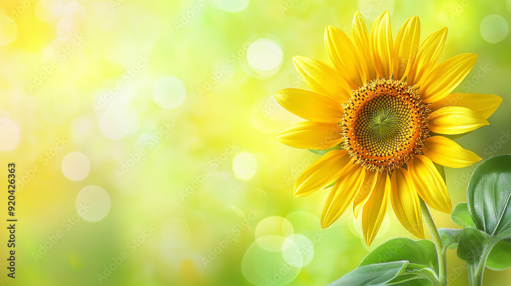 A vibrant sunflower against a blurred green background, symbolizing happiness and positivity with bright yellow petals.