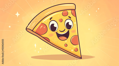 A cheerful cartoon pizza slice with a happy face on a bright yellow background, perfect for food-related designs and illustrations. photo