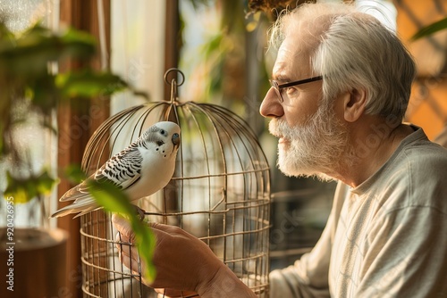 Senior man with grey hair and beard looks at a small bird in a cage.