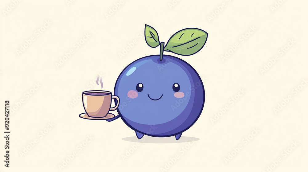Obraz premium A cute cartoon blueberry character holding a steaming cup of coffee, perfect for illustrating warmth and cheerfulness.