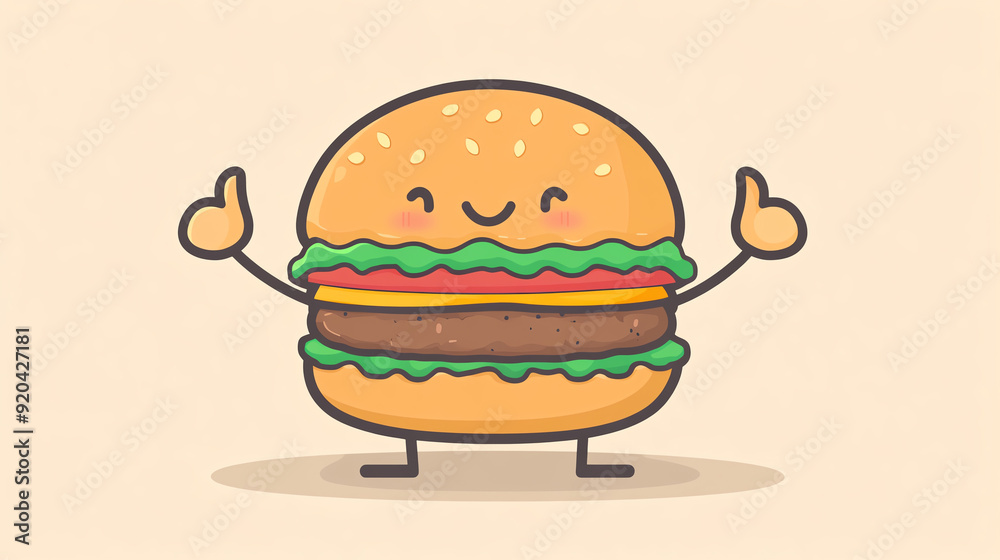A cute cartoon burger character with a smiling face, holding its thumbs up, perfect for food themes and fun illustrations. A cute cartoon burger character with a smiling face, holding its thumbs up, perfect for food themes and fun illustrations.