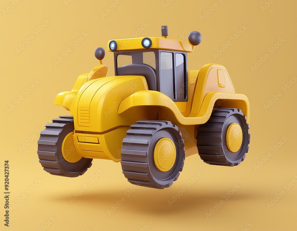 3D yellow cartoon tractor with large wheels, 3D render 3D yellow cartoon tractor with large wheels, 3D render