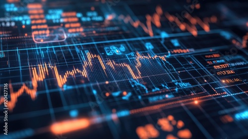 Abstract financial background with orange and blue graphs and numbers.