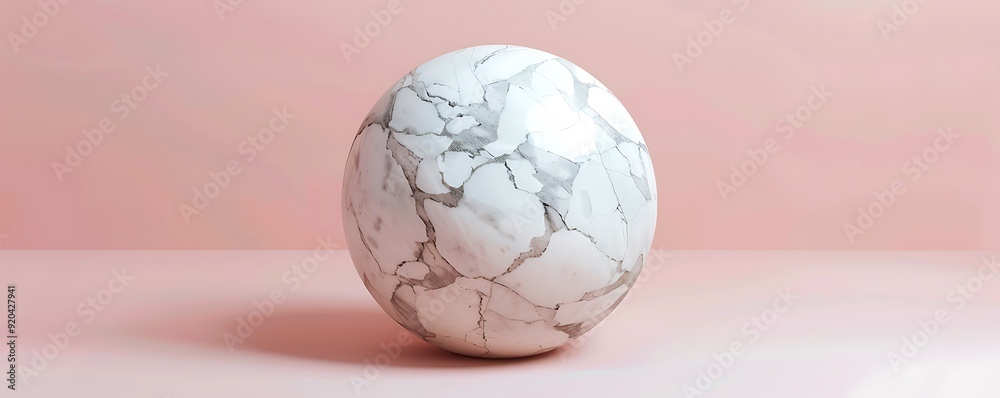 A perfectly round smooth marble stone with visible veining placed on a light pink background to highlight its elegant patterns.
