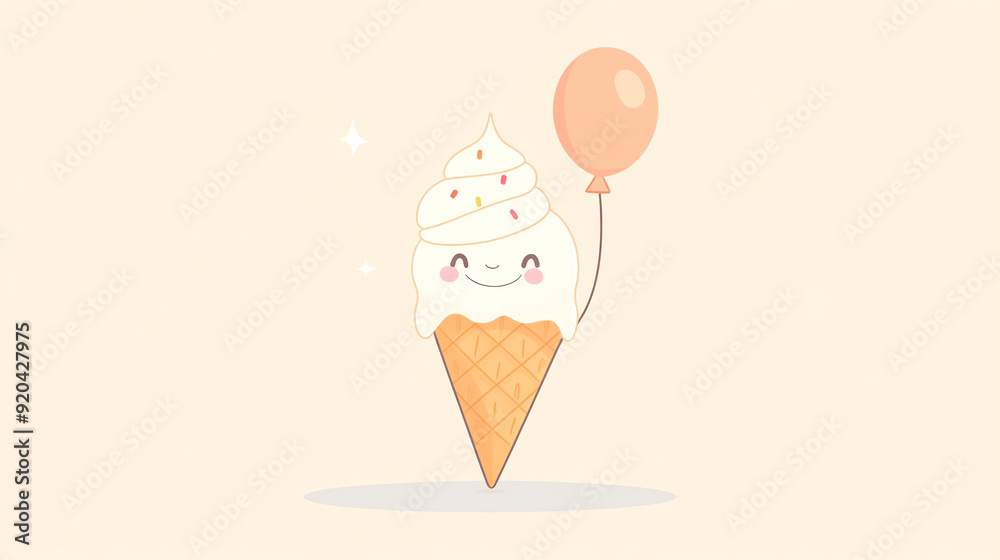 Cute ice cream cone with a smiling face, holding a balloon against a soft pastel background, perfect for fun designs. Cute ice cream cone with a smiling face, holding a balloon against a soft pastel background, perfect for fun designs.