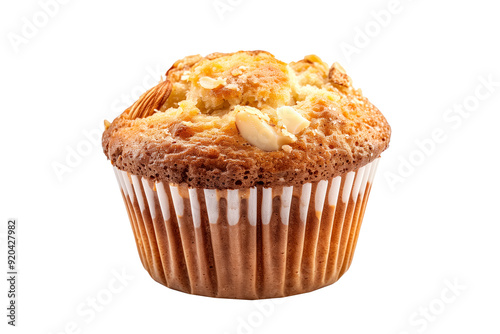 A freshly baked and fluffy bran muffin or cupcake isolated on white transparent background, beautifully topped with delightful sweet flakes